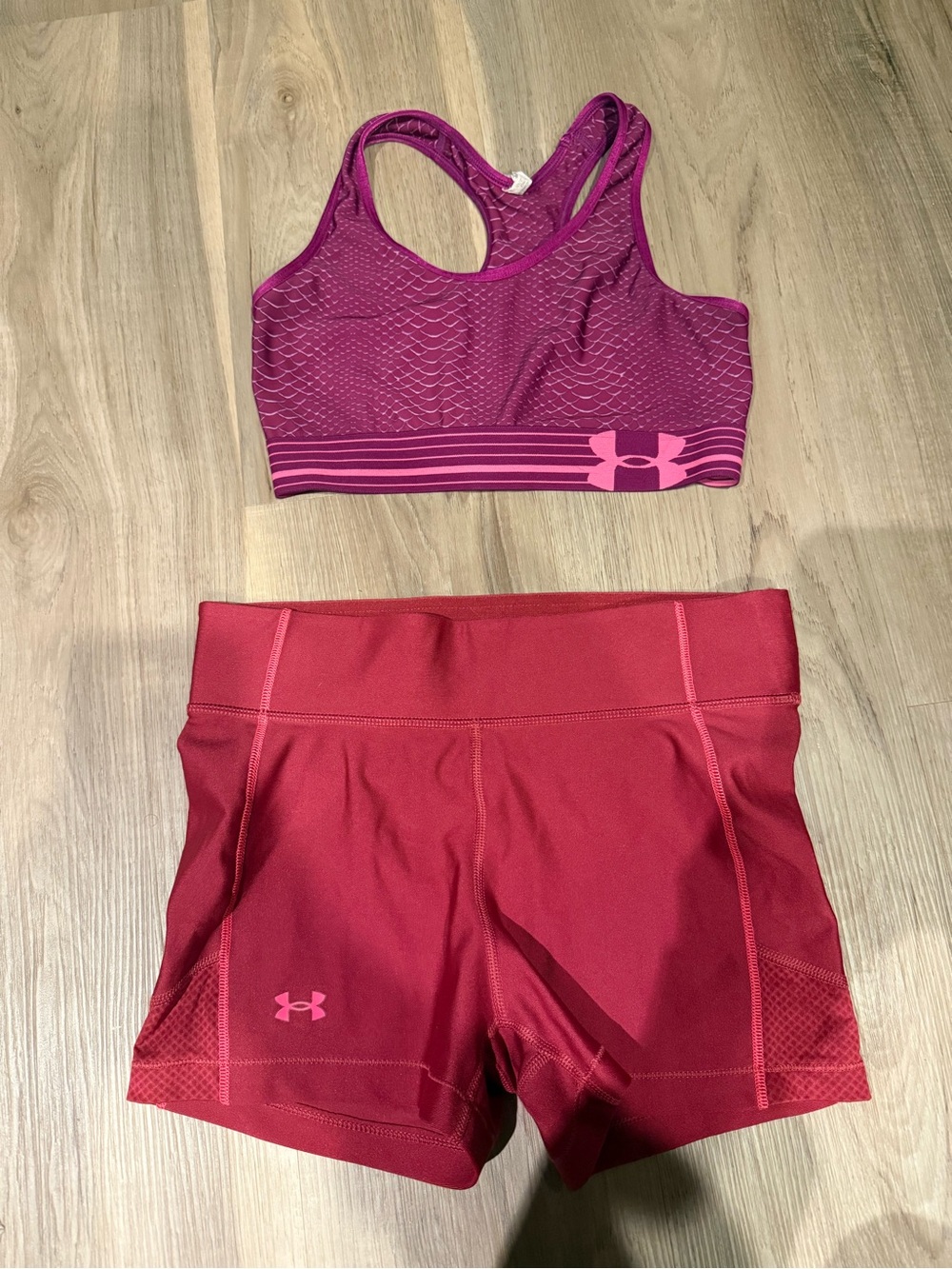 Under Armour Purple Magenta Racerback Sports Bra with Red Shorts